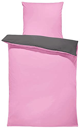 one-home Wendebettwäsche 135x200 cm rosa pink anthrazit Unifarben Doubleface Microfaser