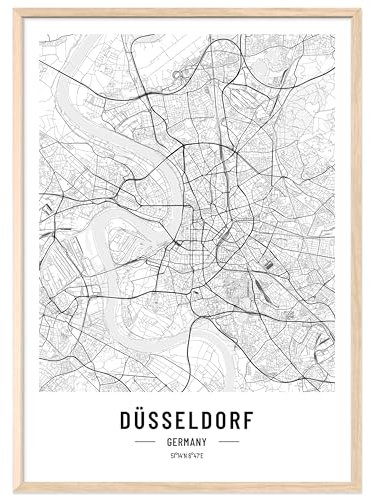 JUNOMI® Düsseldorf Poster DIN A2 mit Rahmen Natur, DIN A2 Wohnzimmer Deko, Modernes Wandbild, Düsseldorf Bild, Wandbild mit Rahmen, Stadtplan Poster Düsseldorf, perfekte Geschenkidee für Düsseldorfer