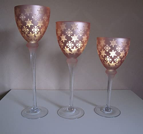3tlg. Glaskelch Glaskelche Windlicht Set H30,35 + 40 cm mit Schneeflocken und Eiskristallen Kerzenhalter Kerzenleuchter Kerzenständer (Alt Rosa)