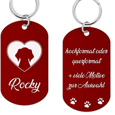 Aluminium Hundemarke Schild mit Gravur - Hundemarke personalisiert mit hochwertiger Lasergravur, Adressanhänger Hund personalisiert für Hunde oder Katzen (rot)