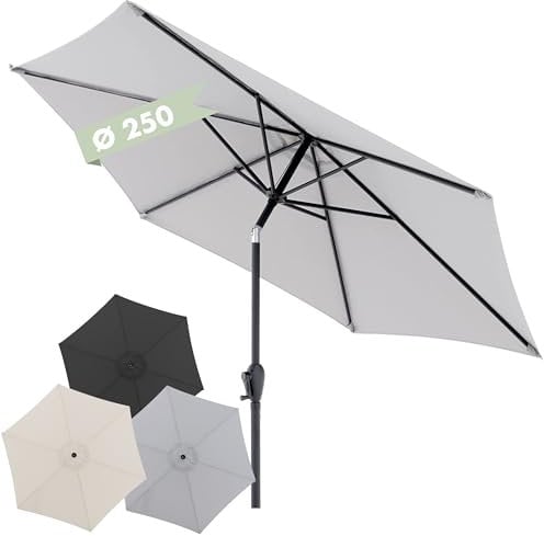 Doppler Sombrilla Jack 250 cm, redonda y plegable, con manivela, color gris claro – ideal para balcón, terraza o jardín
