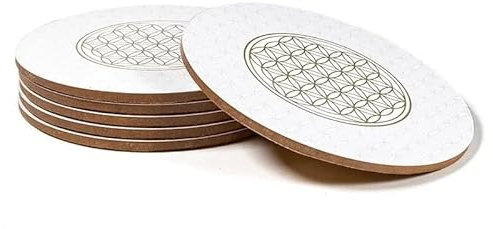 Blume des Lebens Tee Kaffee Untersetzer Tassenuntersetzer - Glasuntersetzer - RUND Platzset Set von 6 Stück aus Hochwertigem Kork und MDF