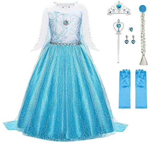 URAQT Mädchen Prinzessin Kostüm, Kinder Kleid 6-teiliges Set mit Krone Diadem Handschuhe Zauberstab usw für Weihnachten Verkleidung Karneval Halloween,120CM