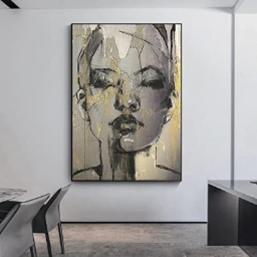 Moderne Frauen Leinwand Gemälde Schwarz Gold Gesicht Kreativität Poster Drucken Wandkunst Bild für Wohnzimmer Wanddekoration Cuadros 80x120cm Rahmenlos