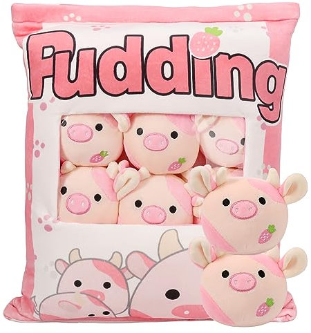 HXPLN Kuh Plüsch Kissen, abnehmbares Spielzeug, Pudding Kuh Kissen, Tasche mit Kuh Plüsch, niedliche Kuh Dekoration Geschenk für Jugendliche, Mädchen, Kinder (6 Erdbeerkuhen)