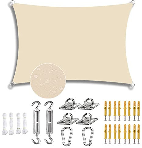 Voile dOmbrage Voile de Soleil Rectangulaire Anti 95% UV Toile d'ombrage Imperméable Respirant Imperméable Protection pour Jardin Terrasse Balcon Camping (Avec accessoires) (2 x 1,8 m) Blanc-a)