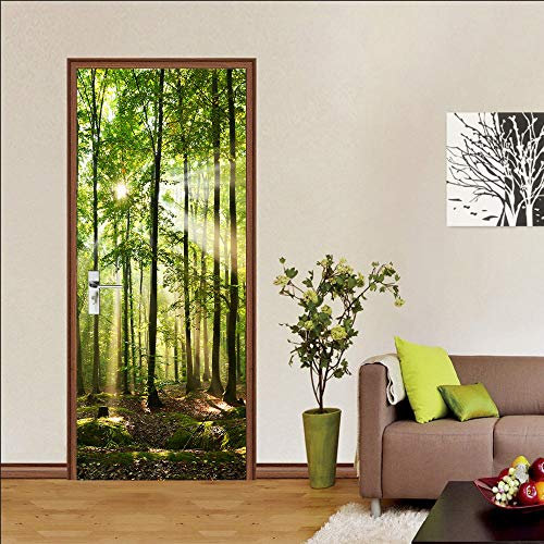 WLXWYXZB 3D Türaufkleber Grüner Wald 77x200cm selbstklebend Türfolie Poster Tapete Fototapete Wasserdichte abnehmbare Vinyl Tür Aufkleber für Innentür Schlafzimmer Badezimmer