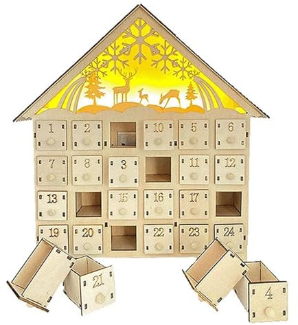 Christmas Wooden Advent Calendar with 24 Storage Drawers,Pre Lit Countdown Advent Calendar Christmas Decoration, Xmas Gift for Kids Adults