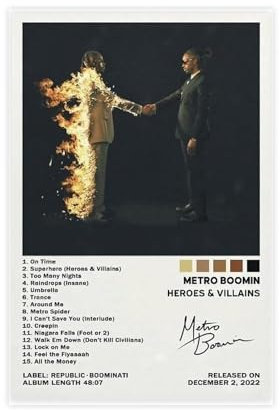 Metro Boomin Poster Heroes & Villains Album Cover Poster (1) Leinwand Poster Schlafzimmer Dekor Sport Landschaft Büro Zimmer Dekor Geschenk Unrahmen-Stil 20 x 30 cm