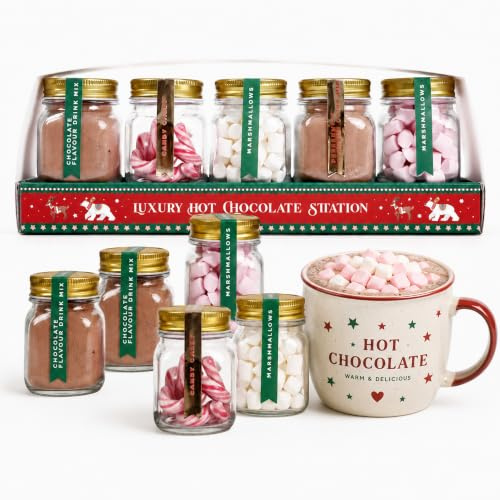 Hot Chocolate Station Gift Set – Chocolate Drink Mix, Mini Marshmallows & Candy Canes in Reusable Glass Jars | Festive Hot Cocoa Making Kit | Christmas Gift Hamper for Family & Friends