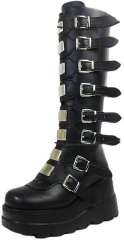 ticticlily Stivali Donna Stivali con Plateau Punk Gotico Zeppe Stivali Alti al Ginocchio Stivali Goth Stivali Invernali Stivali da Cavaliere con Cerniera Stivali con Tacco Grosso F Nero 37 EU