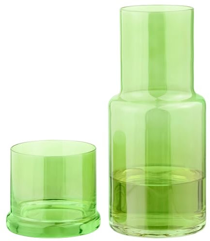 Elixir Glassware Bedside Water Carafe and Glass Set with Integrated Cup - Water or Mouthwash Dispenser for Nighstand or Bathroom - Handblown Glass Pitcher with Tumbler - Green