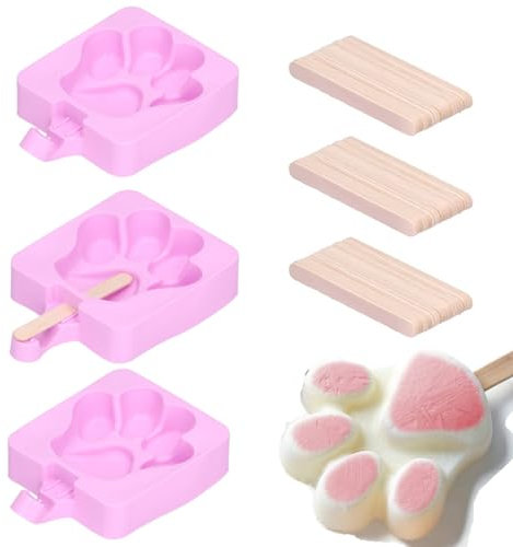 3 Silikonformen für Eis am Stiel, süße Katzenpfoten-Eisform, hausgemachte Schokolade, Bonbons, Katzen- und Hundeleckerli-Form, Eis am Stiel-Maker mit 60 Holzstäbchen für selbstgemachtes Eis