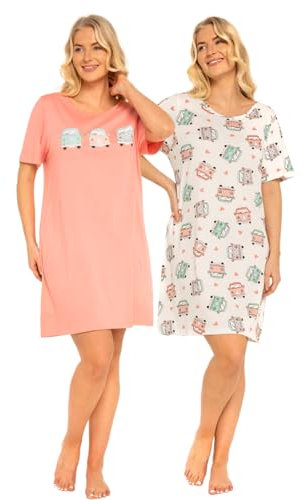 Suzy & Me Womens Pack of 2 Short Sleeved 100% Cotton Jersey Nightshirts. Butterfly, Heart, Stag, Bee, Campervan Print Designs (CORAL CAMPERVAN, 16-18)