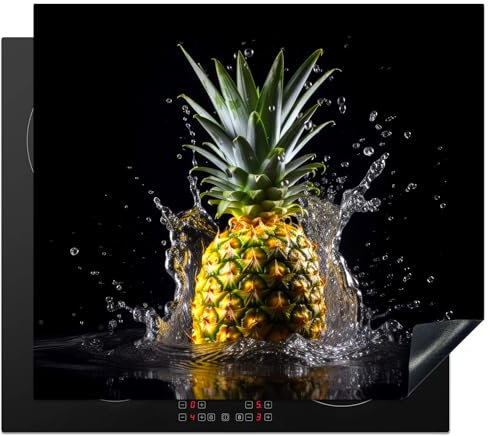 KitchenYeah© Herdabdeckplatte Einteilig Induktionsmatte Küche Abdeckung Ceranfeld Herd Abdeckplatte Deko Vinyl Matte Aufrollbar Ananas - Frucht - Wasser - Gemüse - Schwarz - 60x52 cm