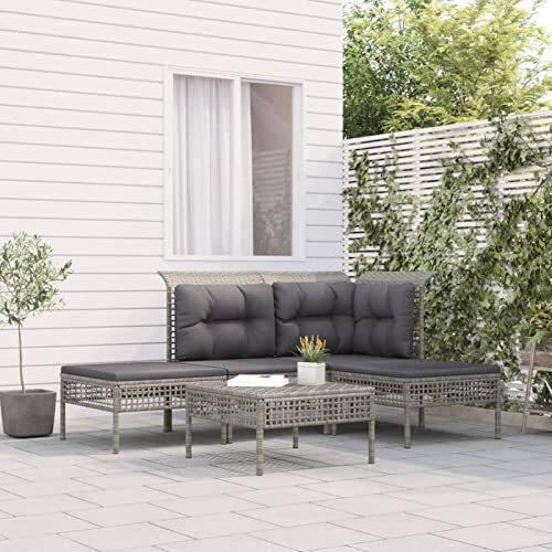 LAPOOH 5-TLG. Garten-Lounge-Set mit Kissen Grau Poly Rattan, Lounge Gartenmöbel Set, Terassenmöbel Wetterfest, Loungemöbel Terrasse, Gartenlounge, Garten Loungemöbel Set, 3187496