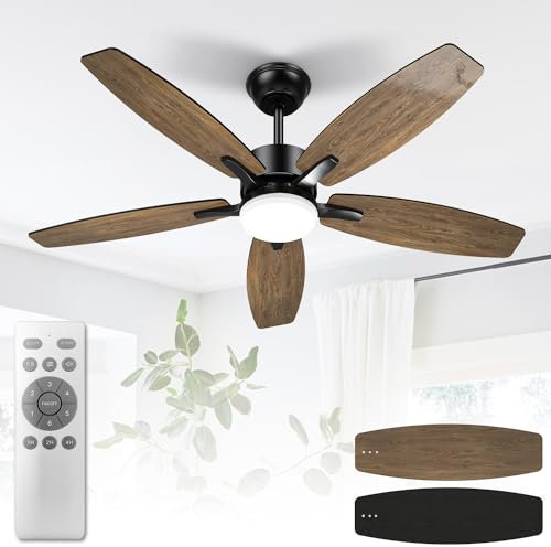 Mefine Deckenventilator mit Beleuchtung und Fernbedienung Leise, 106 cm Deckenventilatoren mit LED Lampe mit 5 Holz Ventilatorflügeln, Holzmaserung/Schwarz, für Schlafzimmer Wohnzimmer, Stangenmontage