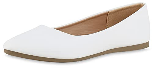 VAN HILL Damen Klassische Ballerinas Freizeit Schuhe Flache Slippers Basic Schupfschuhe Leder-Optik Büro Abendschuhe 211141 Weiss 42