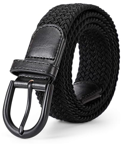 JasGood Cinturón elástico de lona trenzada Cinturón informal elástico para hombres y mujeres, Negro+hebilla negra, 145cm: Für Größe 113cm-135cm