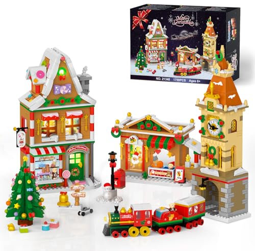Weihnachtliches Urlaubsstraßenbaukasten mit LED, 1759 Stück Mini Weihnachten Haus Bauspielzeug Spielzeug, Feiertags Dekor Geschenk mit Weihnachtsbaum Zug für Erwachsene Kinder Jungen Mädchen ab 8+