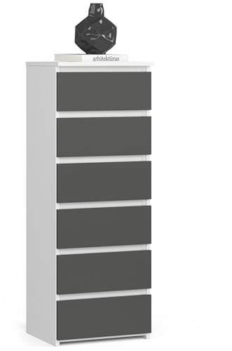 Kommode mit 6 Schubladen Kommode Schlafzimmer Flur Wohnzimmer Organizer Kommode mit Schubladen 40 cm breit 109 cm hoch | weiß graphit Holz Highboard Sideboard Mehrzweckschrank Schrank schmal