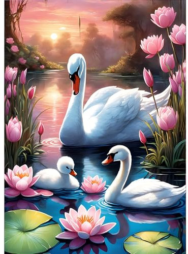 GDYEEH 5D Schwan Diamant Painting Pictures, DIY Blumen Diamant Art Painting Kits, Sonnenuntergang Diamond Painting Set for Adults Anfänger, Mosaic Making, Diamond Painting for Home Decor 30x40cm