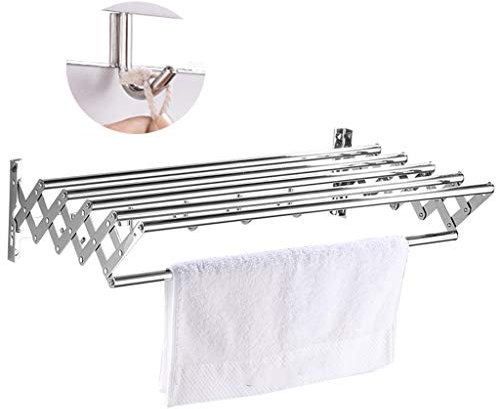 Wäscheleine, Faltbarer Wäscheständer, Wandmontage, 5 Schienen, Trockner, einziehbarer Wäscheständer, Handtuchhalter fürs Badezimmer, Haken, Waschlappen, Edelstahl, ausziehbar, platzsparend (Größe: 60