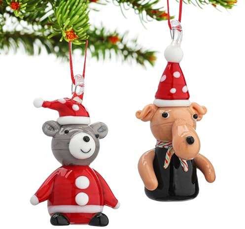 HDCRYSTALGIFTS 2PCS Christmas Decorations Mini Glass Ornaments For for Christmas Tree Decorations,Blown Glass Funny Christmas Bear and Dog With Hat Funny Xmas Party Decor Gift