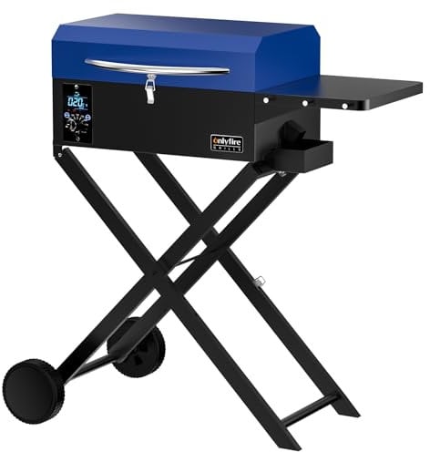 Onlyfire Upgraded Pellet Smoker BBQ with Foldable Stand and Side Table, Portable 8 in 1 Multi-Function Outdoor Barbecue Grill with Auto Temperature Control and Meat Probe for RV Camping, Blue