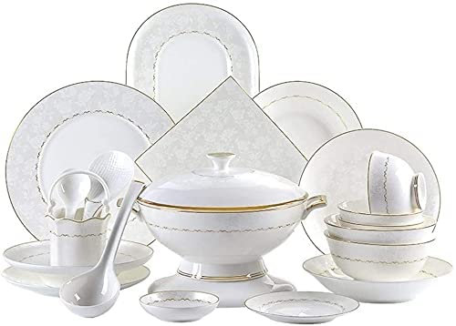 IUBGFTO Geschirr-Sets, 50-teiliges Bone China-Porzellan-Bankett mit Schüsseln/Desserttellern/Suppentellern/Speisetellern für 10 Personen