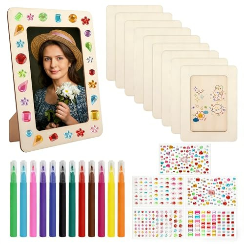NVGVUP 8 PCS DIY Wooden Picture Frames Art Craft Set | Paint Your Own Creations with Glitter Stickers and Color Pens for Personalized Crafts