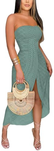 CHICME Women's Strapless Maxi Bodycon Dresses Wrap Asymmetrical Beach Maxi Long Dress Beach Sunset Dress Green-L