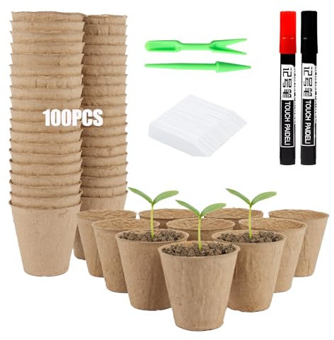 100PCS Seedling Pots - 6cm Fibre Seed Pots Round Biodegradable Plant Pots 100Pcs Plastic Plant Labels with 2PCS Plant Label Pen and 2PCS Transplanting Digging Tools (6cm)