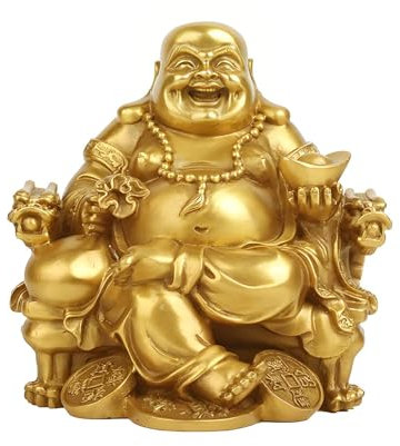 Pevfeciy Feng Shui Buddha Figuren, Glück & Wohlstand - Lachender Buddha Statue auf Kaiserthron - Messing Figuren Deko- Dekoration & Geschenk,M