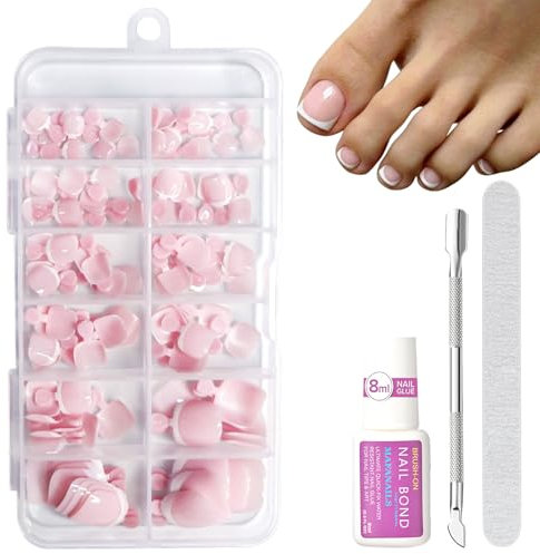False Toenails Set - 120pcs Square Toe Nails Short With Nail Glue - French White Toe Nail Tips Nude Pink Fake Toe Nails - Full Cover Stick On Toenails For Women Girls Nail Art Manicure Decorations
