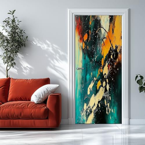 3D Door Stickers Abstract Oil Painting Paint Pattern 85x215cm Modern Art Door Poster Murals, Peel and Stick Decals PVC Waterproof Sticker for Interior Home Decor