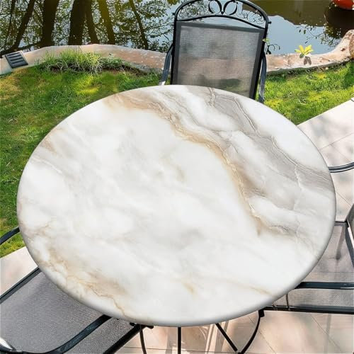 Outdoor Runde Tischdecke mit Gummizug Ø 44in(110cm) - Elastisch Garten tischdecke mit Weißer Marmor Passend für 95-105cm breite Tische