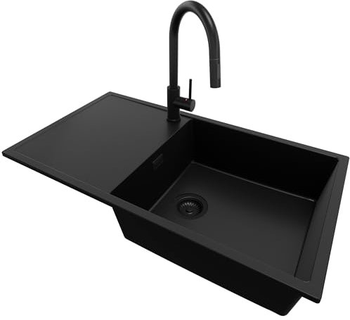 PRIMAGRAN Lavandino da Cucina Tutto Nero 90x50cm, Lavello da Cucina a 1 vasca + Sifone Classico + Rubinetto 40x22cm, Lavabo da Cucina Incasso al mobile 60cm - Ibiza