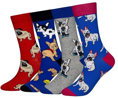 Cansok Lot de 4 paires de chaussettes fantaisie pour Homme Motif Animaux Bouledogue Chien
