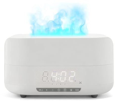 Difusor de Aroma 3D Llama, humidificador con luz de Llama de 400 ml con Altavoz Bluetooth, Reloj, luz Nocturna LED de 7 Colores y Mando a Distancia, difusor de Aceite Esencial para hogar (Blanco)