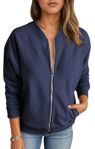 Timuspo Sweat zippé pour femme - Veste de survêtement décontractée - Veste demi-saison - Printemps - Automne - Blouson avec col universitaire - Vêtement d'extérieur - Veste bomber unie