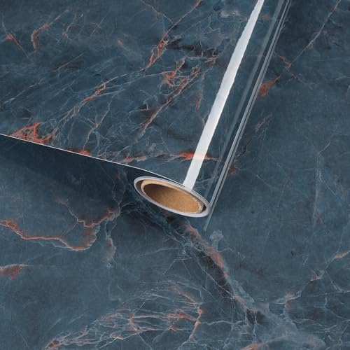 VaryFloral Navy Blue Self Adhesive Marble Effect Wallpaper 30cmx300cm Sticky Back Plastic Orange Marble Vein Contact Paper Glossy Vintage Vinyl Wrap Thick Lining Paper for Furniture Cabinets Cupboard
