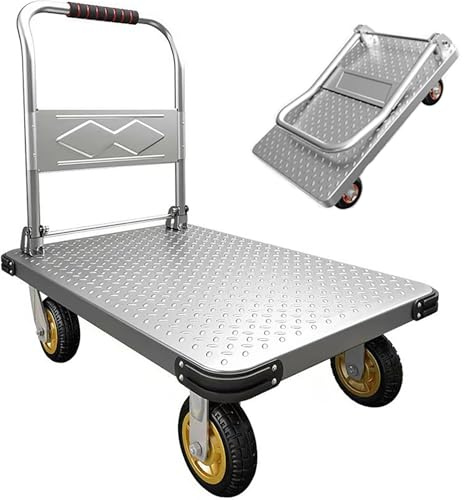 ZHOZHUT Klappbar Handwagen 650kg-1300kg Schwerlast Plattformwagen Stahl Transportwagen Mit Zurrgurten, Geräuschloser Plattformwagen Für Lebensmittel, Garage, Lager, Ausrüstung,Silber,S