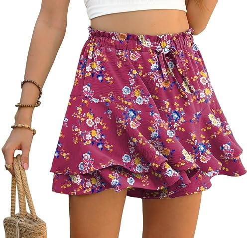 PrinStory - Pantaloncini da donna estivi a vita alta con volant, pantaloncini corti comodi a gamba larga, gonna corta, per tempo libero, spiaggia, vacanze