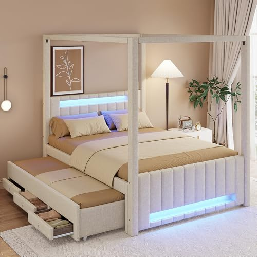 Huayz Cama con dosel de 140 x 200 cm con LED, 3 cajones y cama nido, cama doble con somier, marco de cama, marco de cama, cama juvenil, sin colchón (beige)