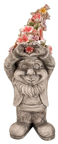 Online Fuchs Gartenfiguren für draußen lustiger Gartenzwerg, Wichtel mit Blumenmütze und Herz - Gartendeko wetterfest - 39 cm groß