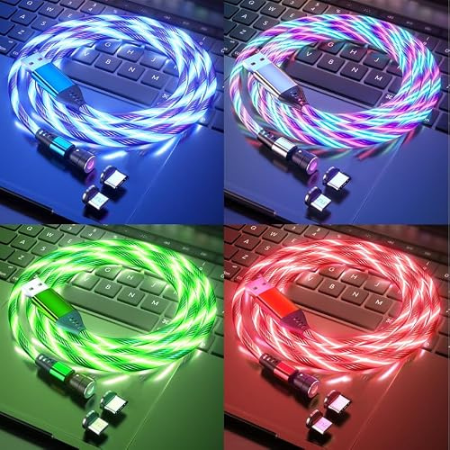 Fließendes LED Magnetisches Ladekabel, Magnet USB kabel, 1m+1m+2m+2m 4Stück | Fließendes LED Licht, magnetischer Anschluss, 540° Drehung, 3A Schnellladen, 2-in-1 Anschluss USB C und Micro USB