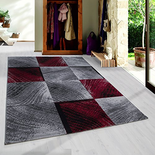 HomebyHome Teppich Wohnzimmer 160x230 cm Rot Moderne Kariert Design - Esszimmer und Schlafzimmer Teppich Kurzflor Teppich Extra Weich Pflegeleicht - Carpet Living Room