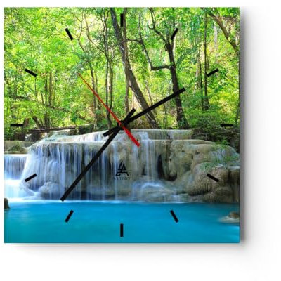 Modern Wanduhr Wasserfall Wald Umwelt 40x40cm Quadrat Groß Wand Uhr Glas Analog Zimmeruhren Küche Büro Wohnzimmer Glasuhr Wall Clock Dekoration Design Wanddekoration Küchenuhr C3AC40x40-2664