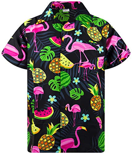 King Kameha Funky Hawaii-Hemd, Herren, Kurzarm, Flamingo-Melon, Schwarz, 5XL